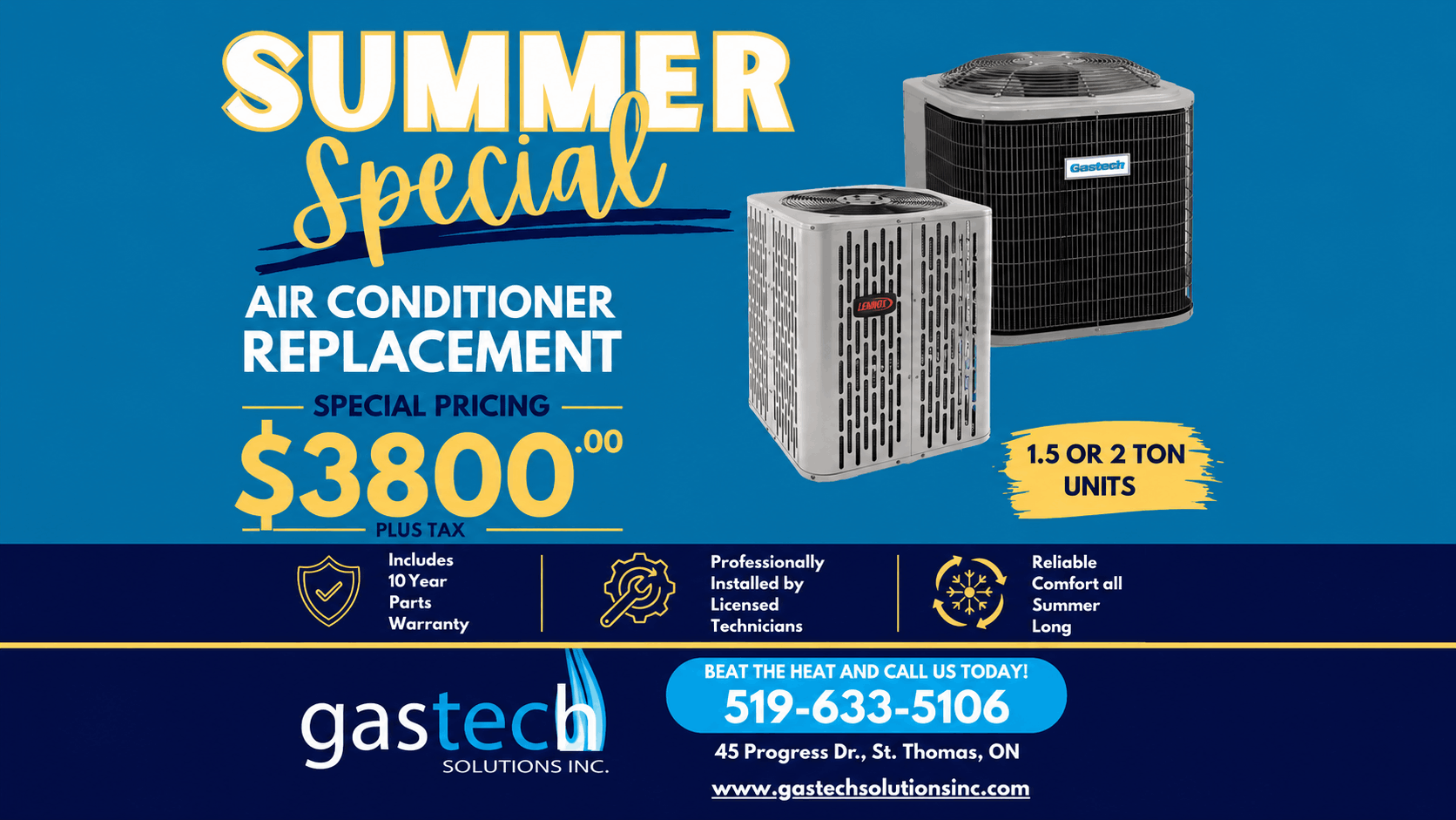 Gastech 20th Anniversary: Sat June 13, 2026, 10AM-2PM at 45 Progress Dr, St. Thomas. Free food, drinks, giveaways, win a RUUD Air Conditioner.